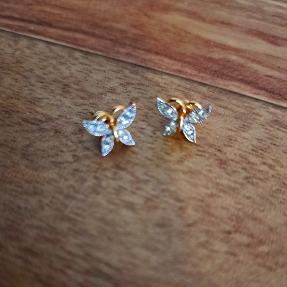 Elegant Gold and Silver Toned Butterfly Earrings With Crystal Stones